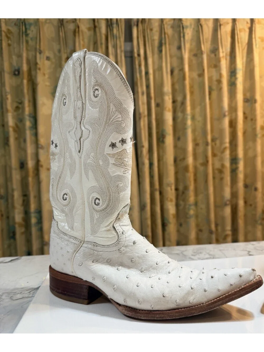 El General White Ostrich Cowboy Boots Men’s Size 8 Leather